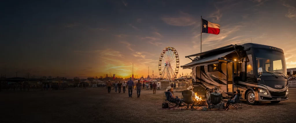 Austin County Fair entrance and carnival rides