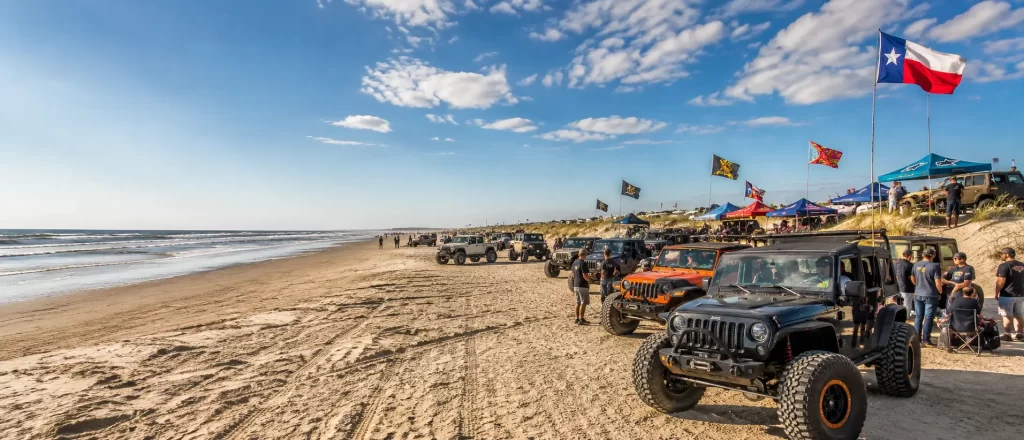 Jeep driving on Bolivar Peninsula beach
