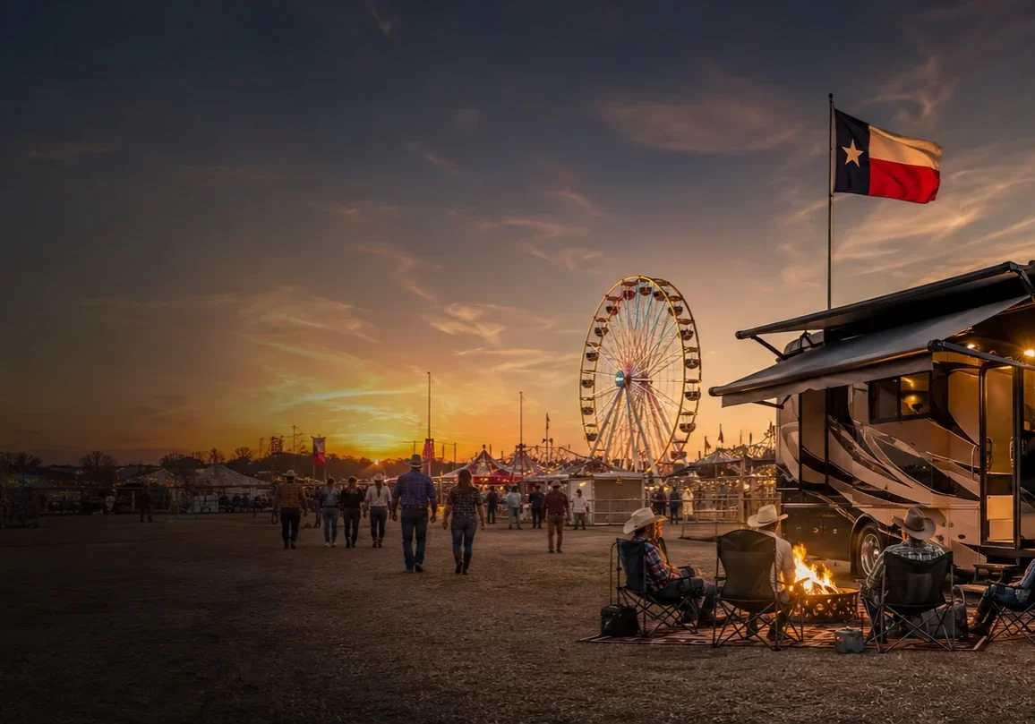 Austin County Fair entrance and carnival rides