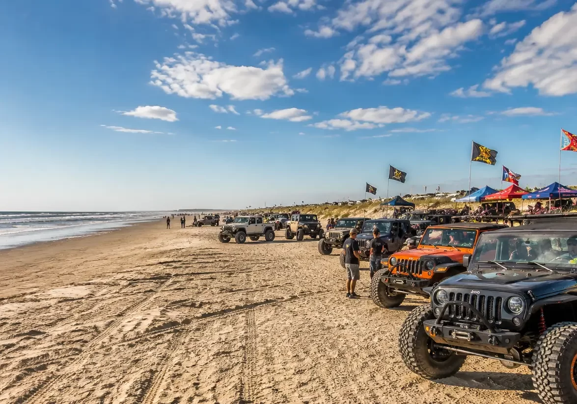 Jeep driving on Bolivar Peninsula beach